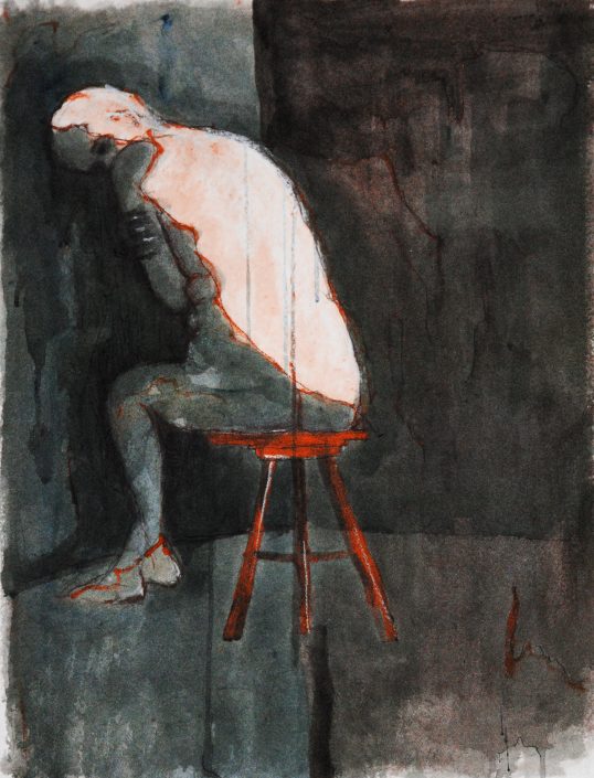 watercolor and pastel on paper of fat prude ashamed woman hiding in the dark