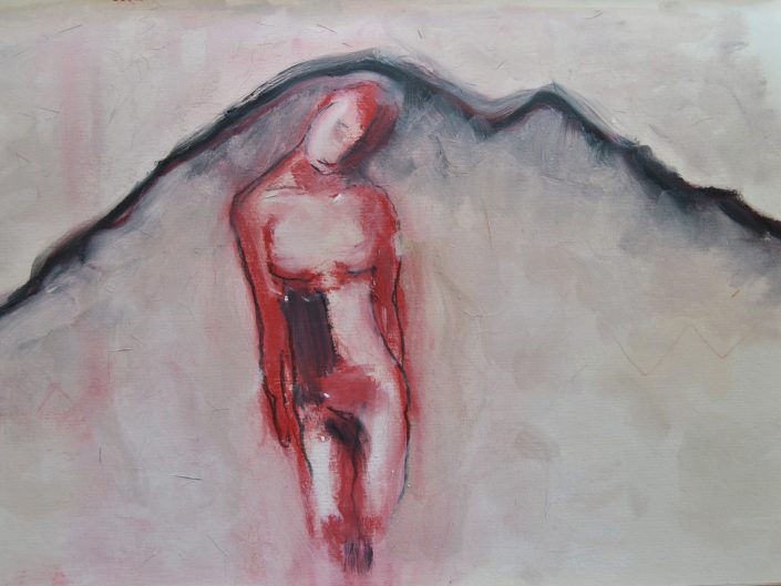 red and black oil pastel drawing of defeated woman with mountain in the background