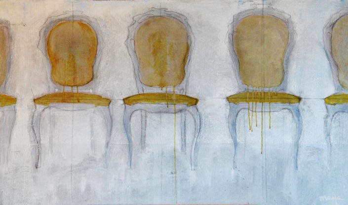 pastel painting on wood of yellow chairs too many choices