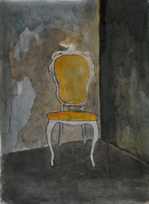 yellow classic chair in the a corner of a crumbling old room watercolor and pastel on paper 55 x 75cm
