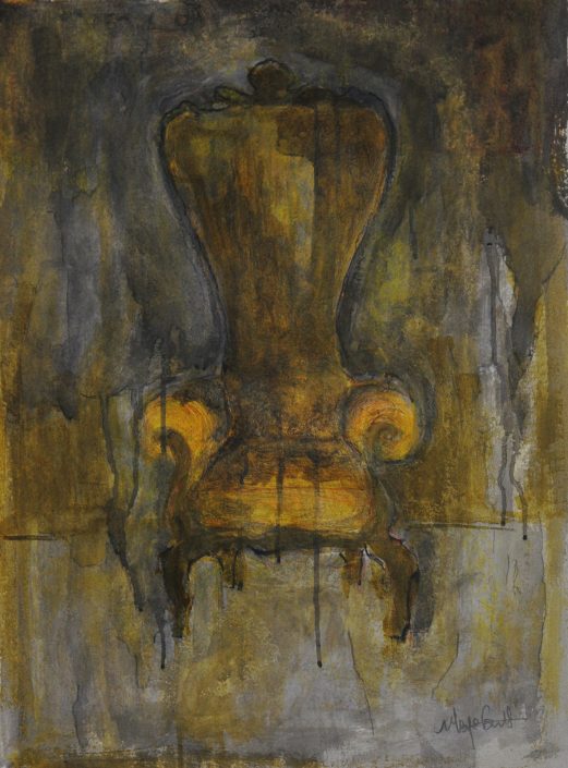 water color and pastel on paper of a yellow chair decaying what once was a beautiful place to be
