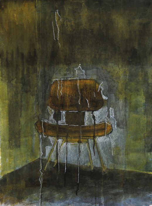 dark yellow watercolor and pastel on paper of a deteriorating crumbling chair or place in life